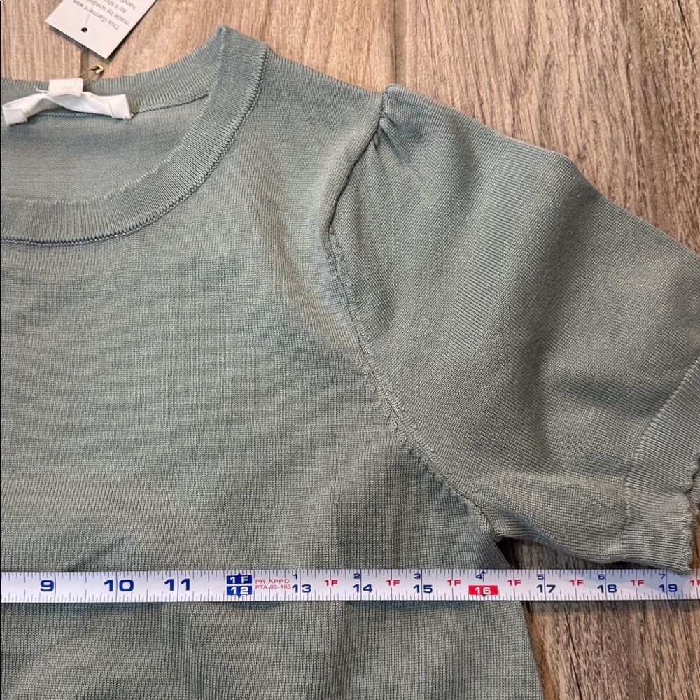BRIT.NY Sage Green Puff Sleeve Knit Sweater Top Short Sleeve Medium NWT - Picture 4 of 13